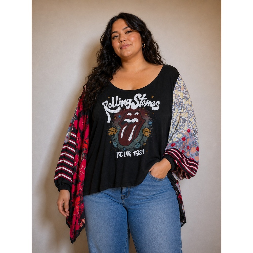 Upcycled Rolling Stones Tour 1981 Patchwork Sleeve Kimono Graphic Tee Top O/S